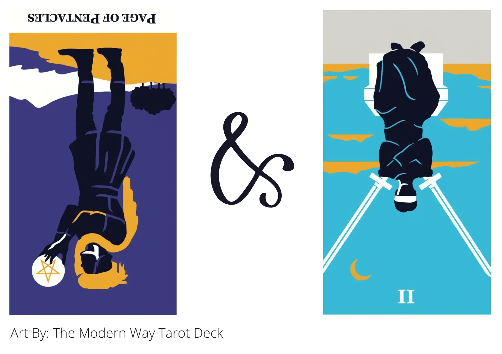 page of pentacles reversed and two of swords reversed tarot cards together
