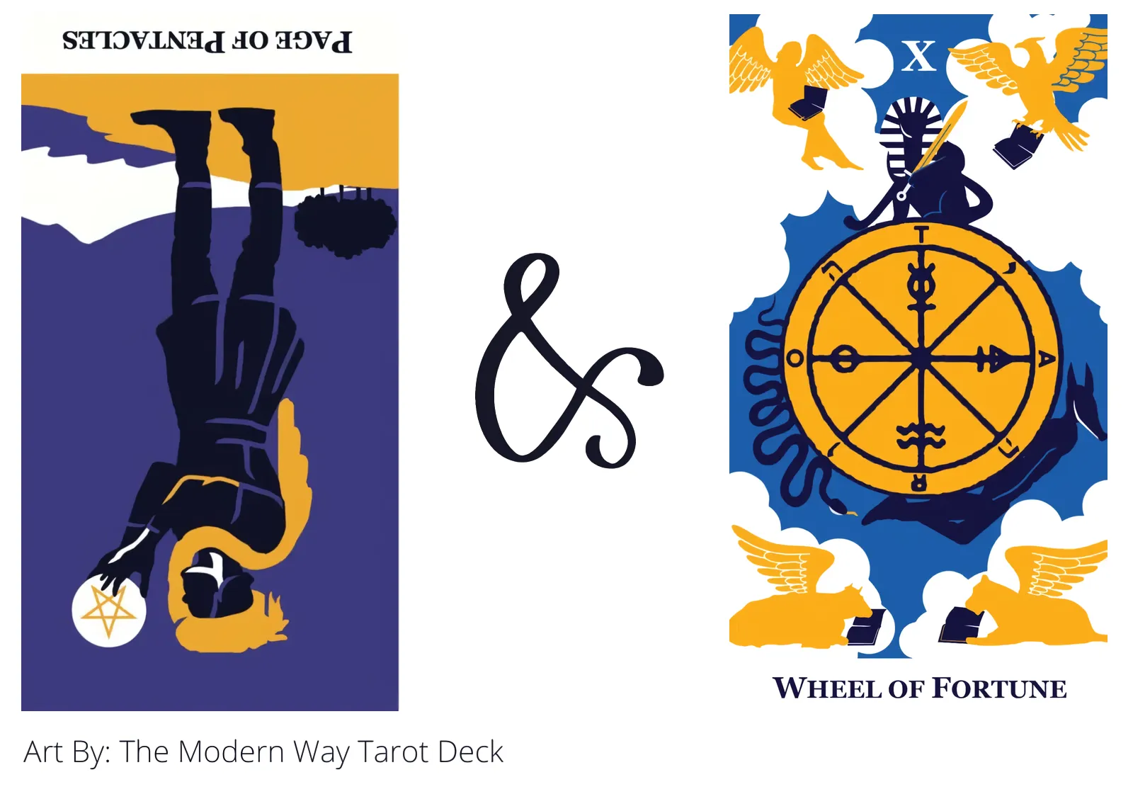 page of pentacles reversed and wheel of fortune tarot cards together