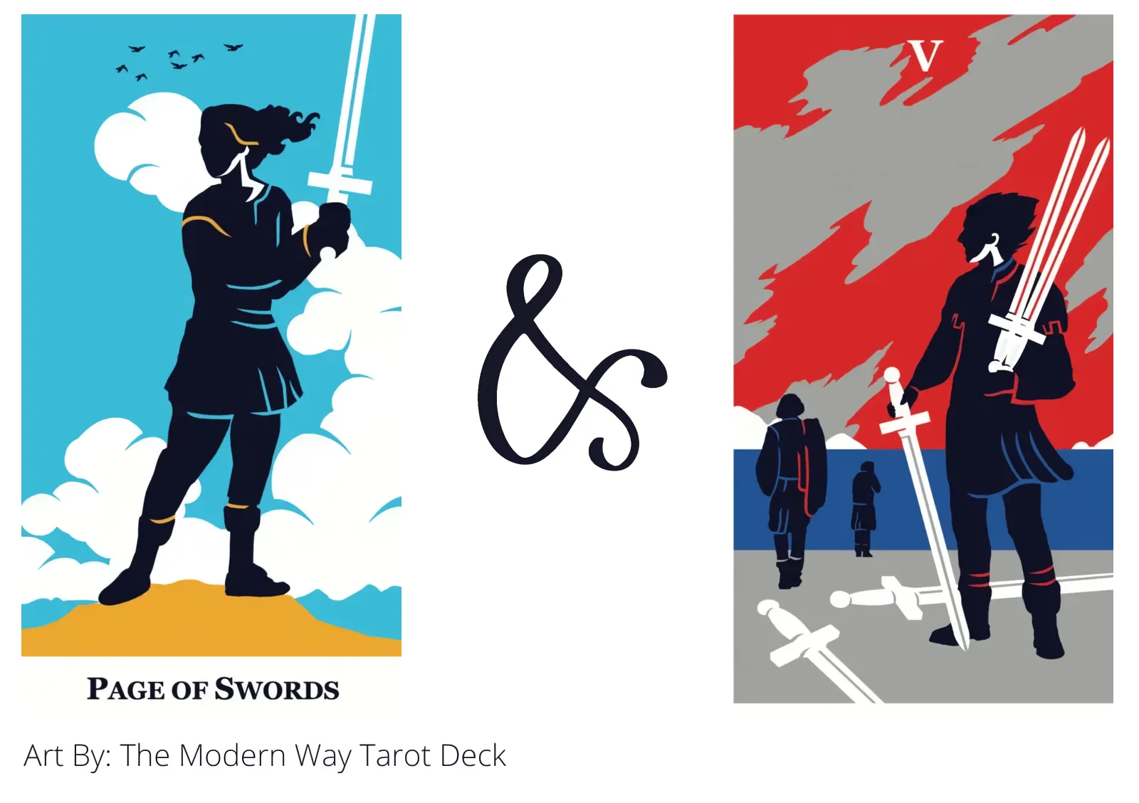 page of swords and five of swords tarot cards together