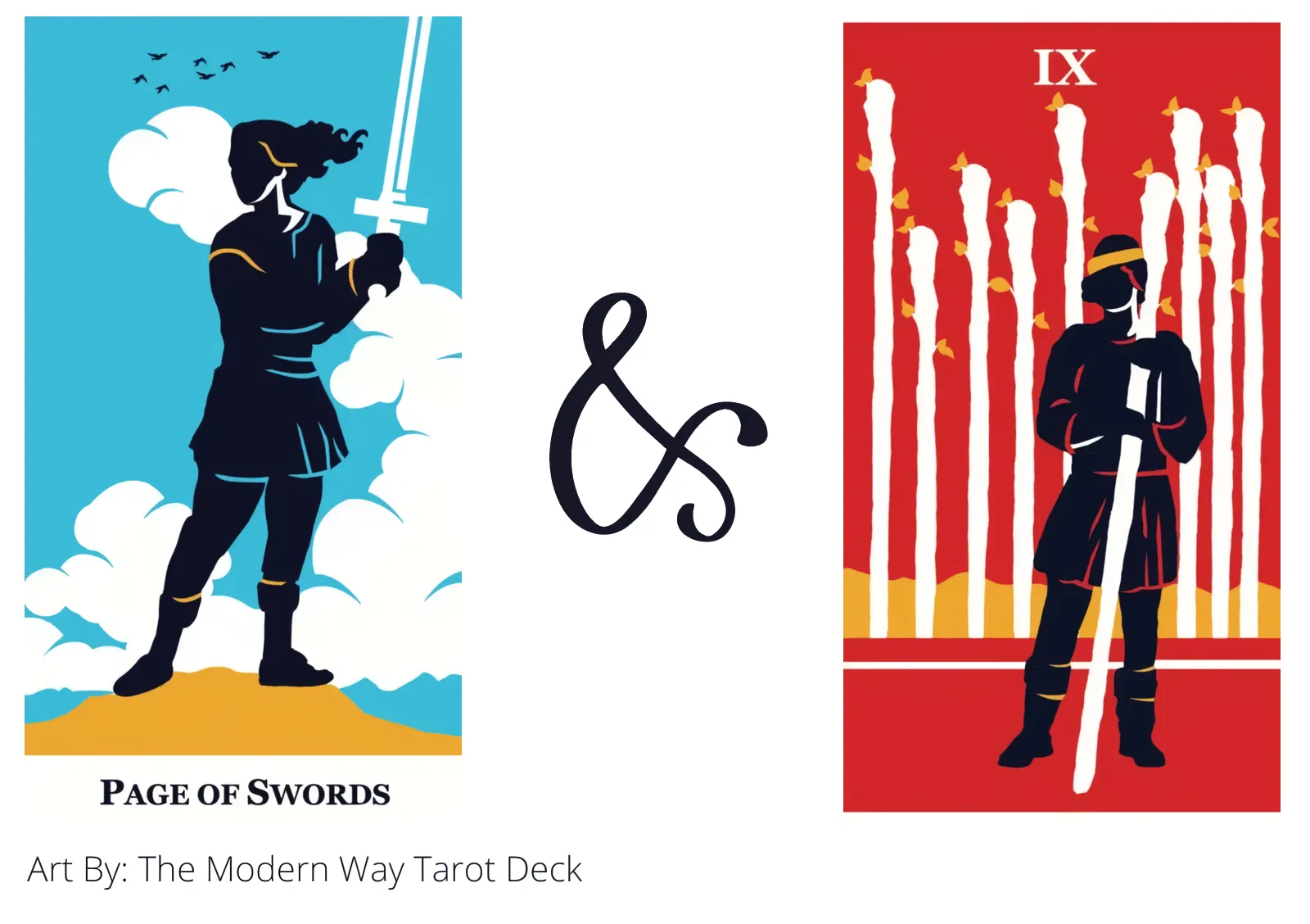page of swords and nine of wands tarot cards together
