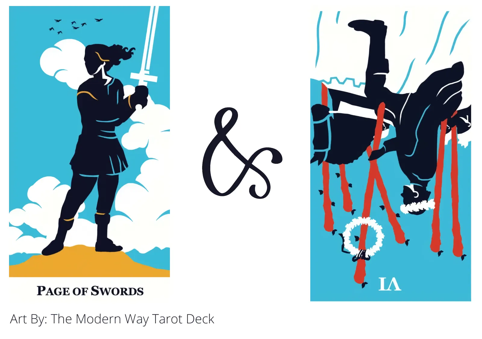 page of swords and six of wands reversed tarot cards together