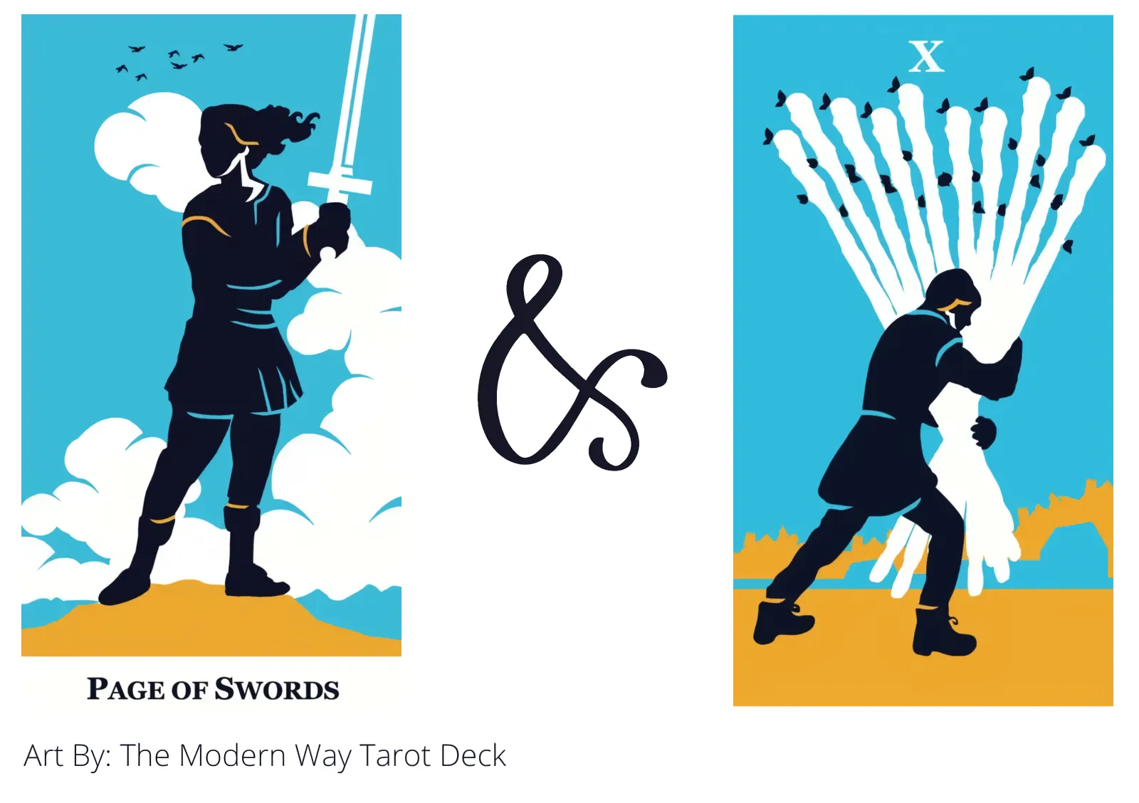 page of swords and ten of wands tarot cards together