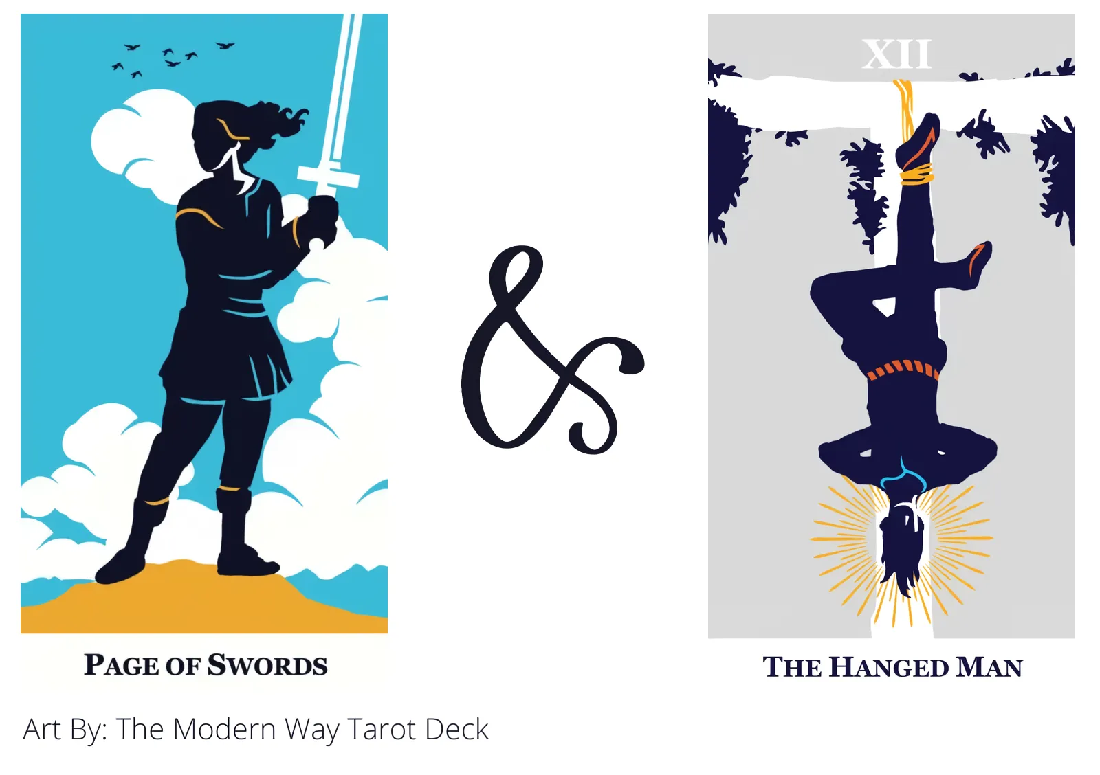 page of swords and the hanged man tarot cards together