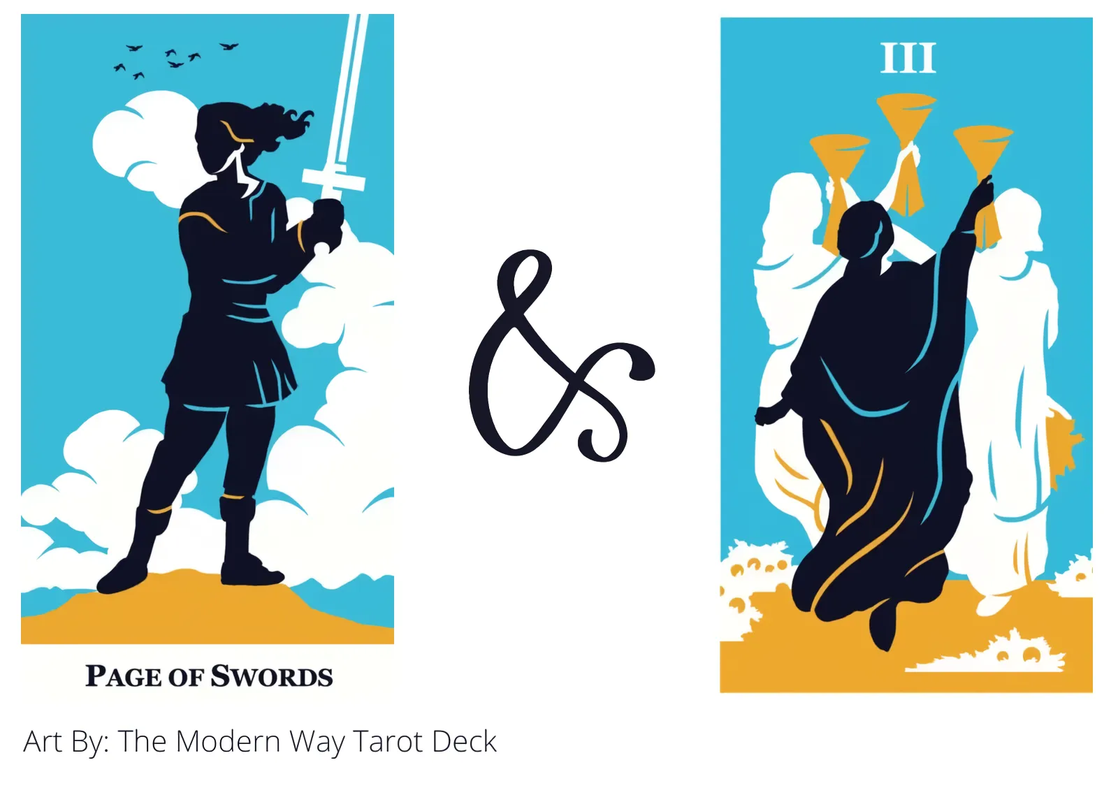 page of swords and three of cups tarot cards together