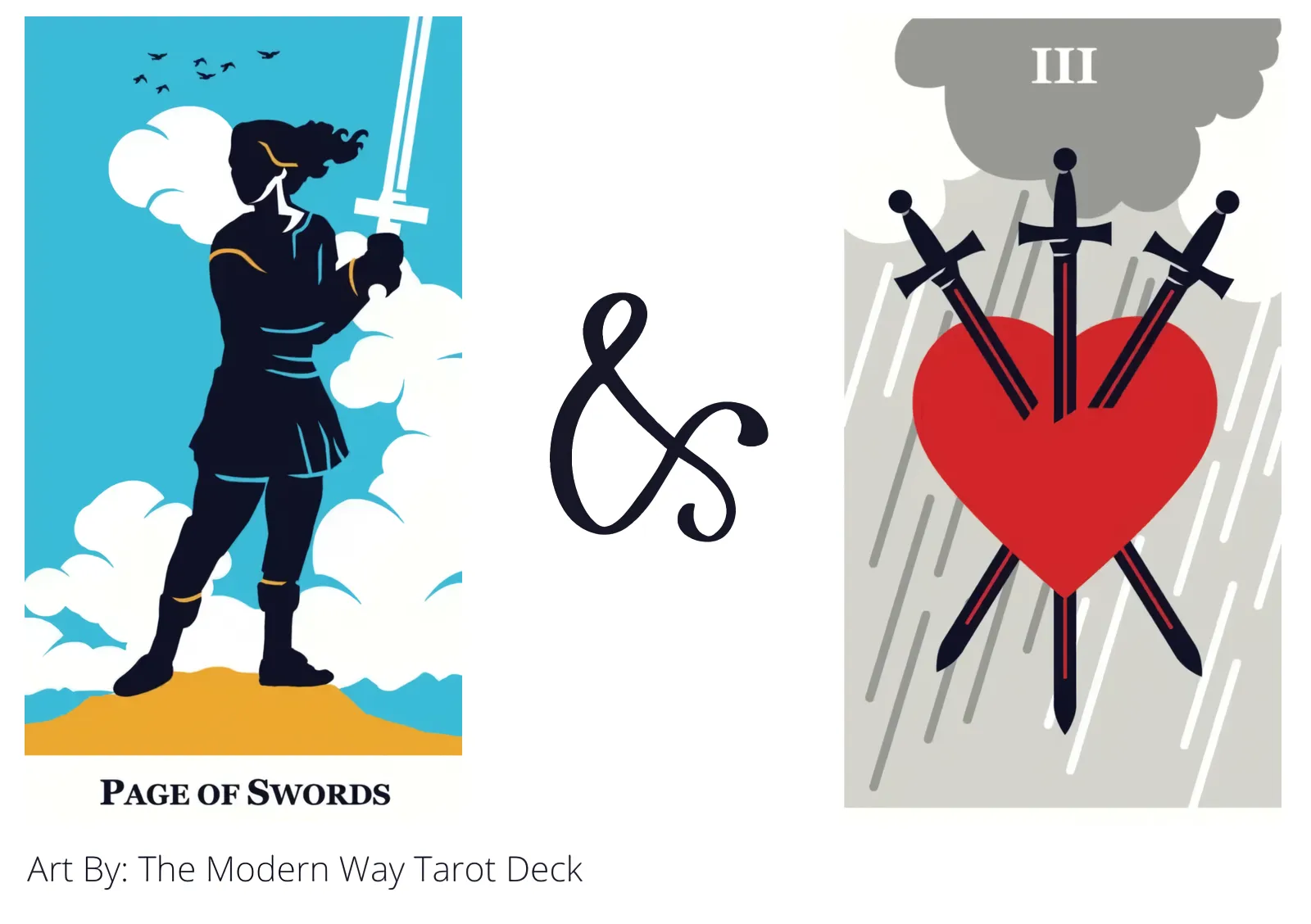 page of swords and three of swords tarot cards together