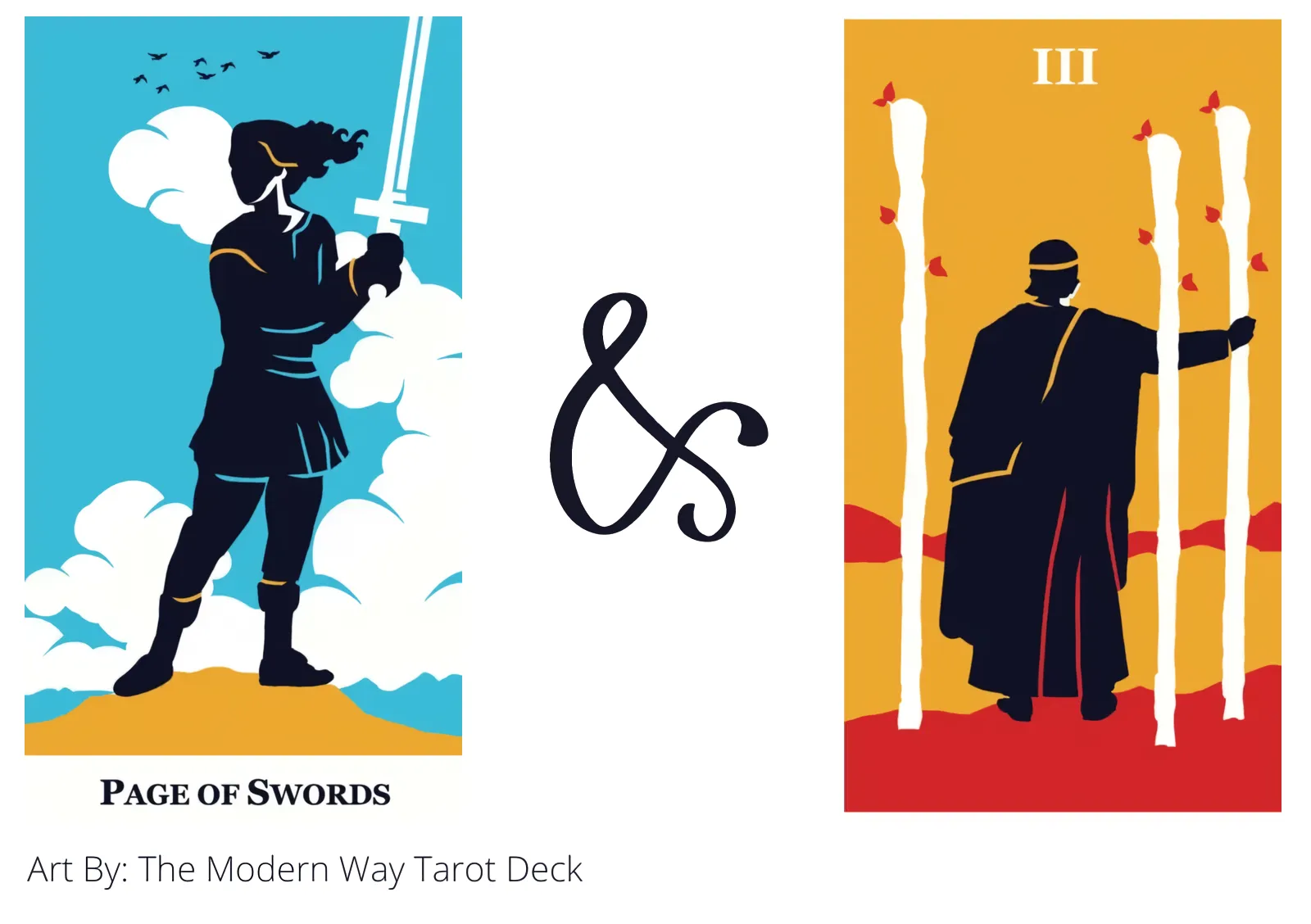 page of swords and three of wands tarot cards together