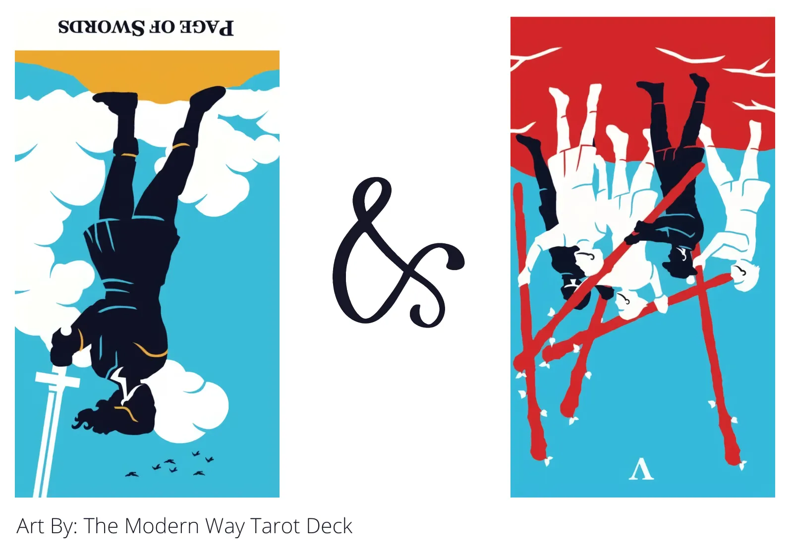 page of swords reversed and five of wands reversed tarot cards together