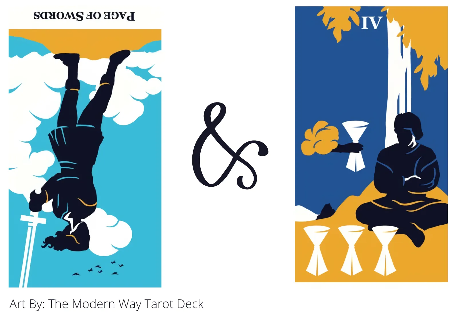 page of swords reversed and four of cups tarot cards together
