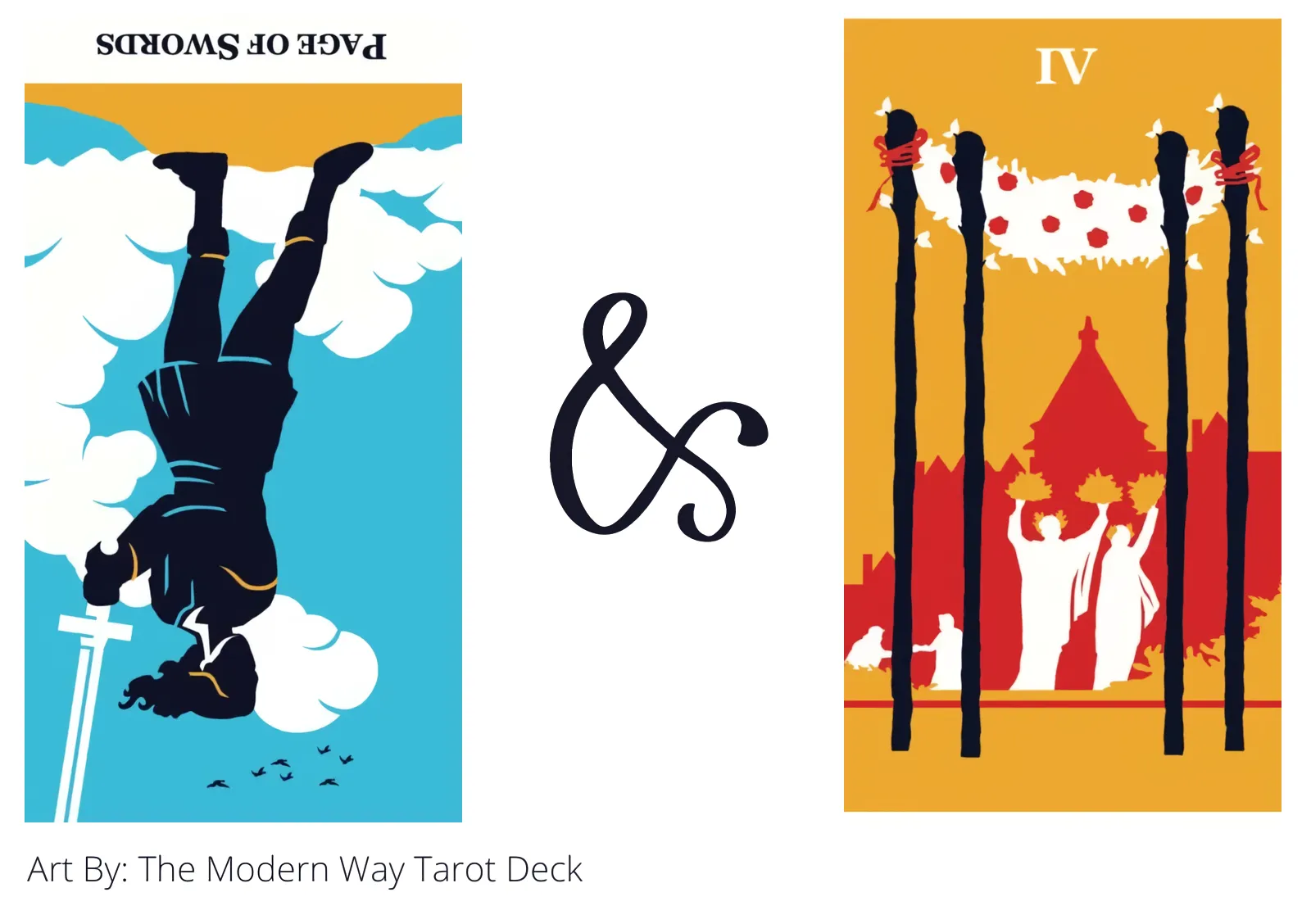 page of swords reversed and four of wands tarot cards together