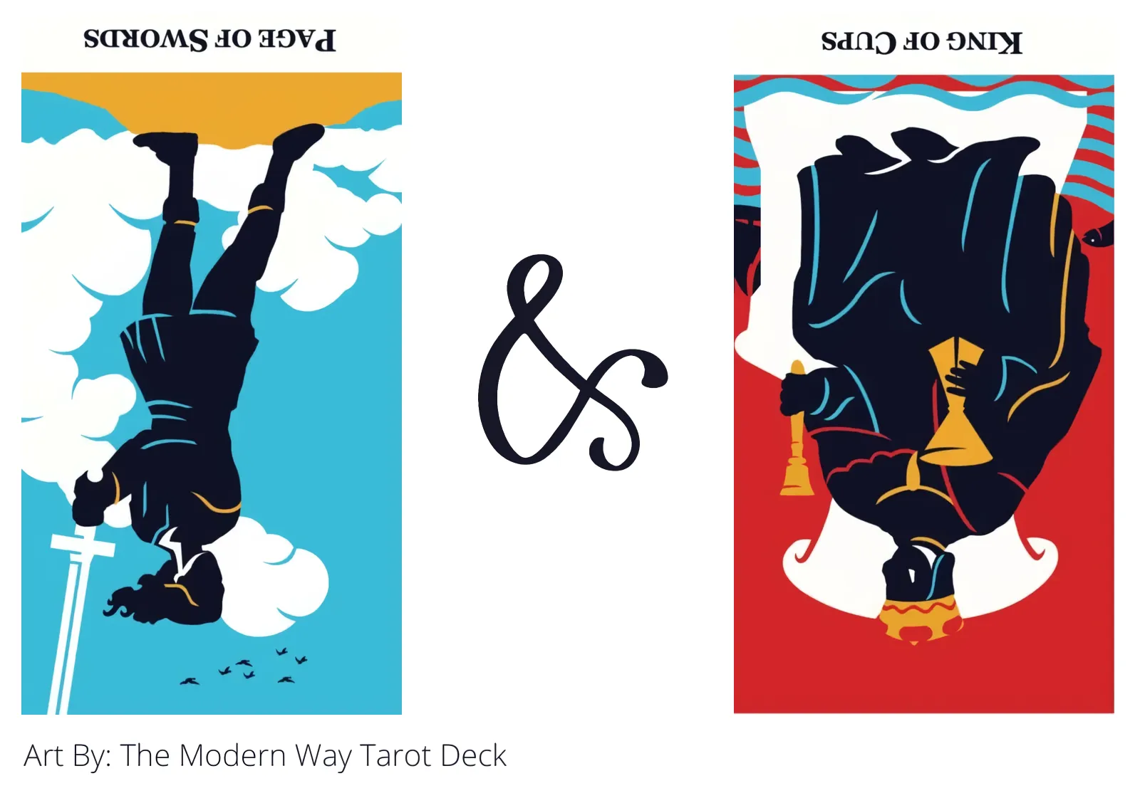 page of swords reversed and king of cups reversed tarot cards together
