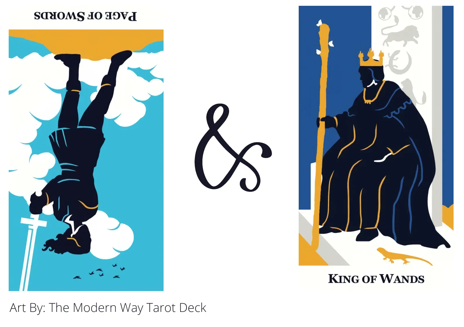 page of swords reversed and king of wands tarot cards together