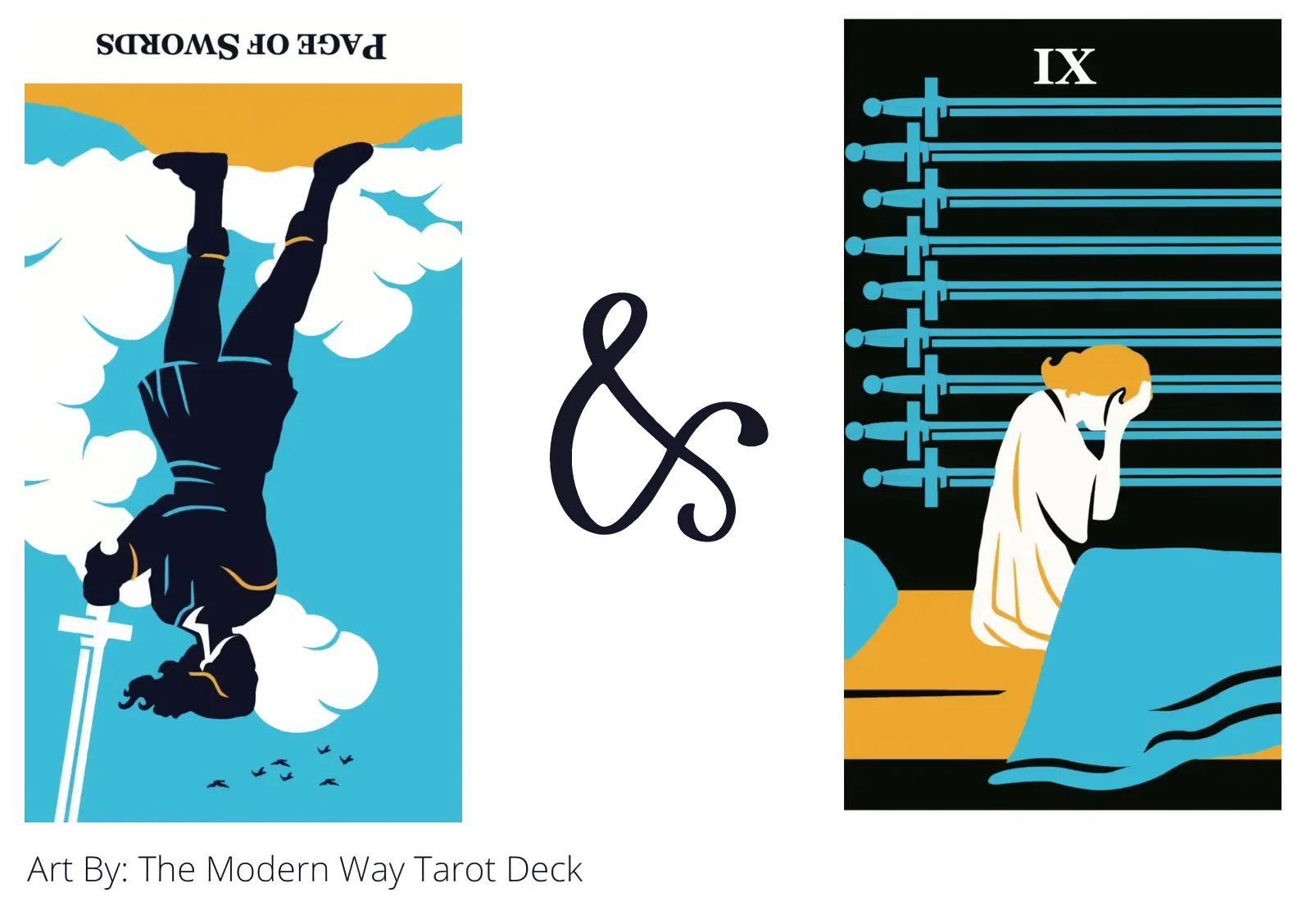 page of swords reversed and nine of swords tarot cards together