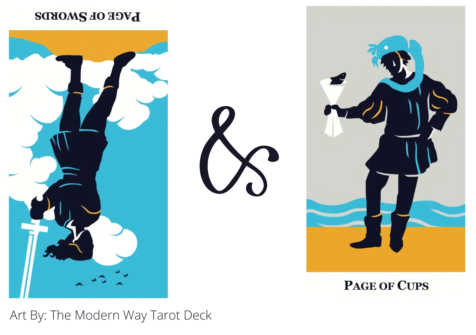 page of swords reversed and page of cups tarot cards together