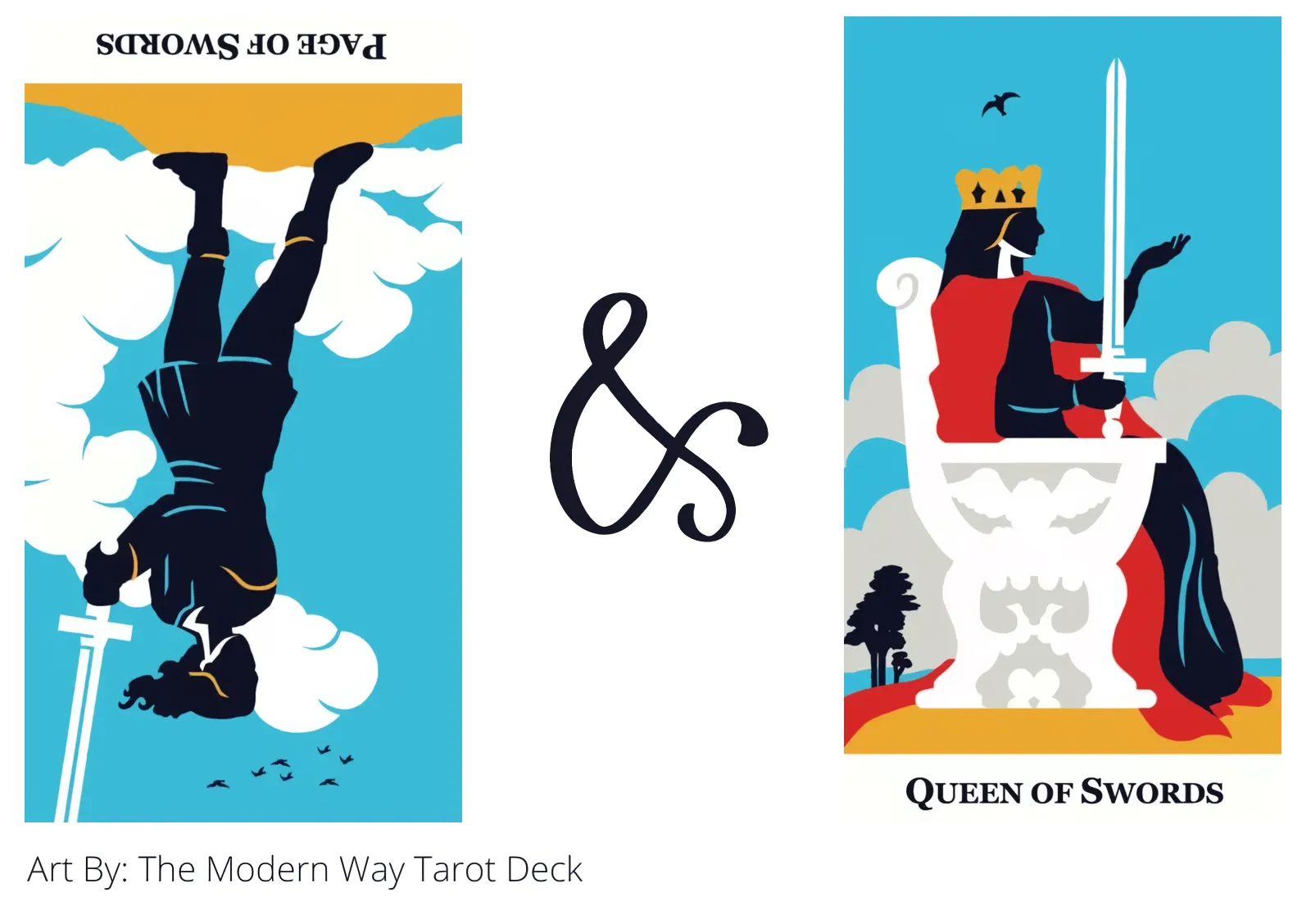 page of swords reversed and queen of swords tarot cards together