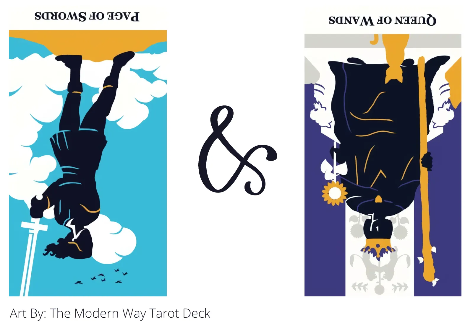 page of swords reversed and queen of wands reversed tarot cards together