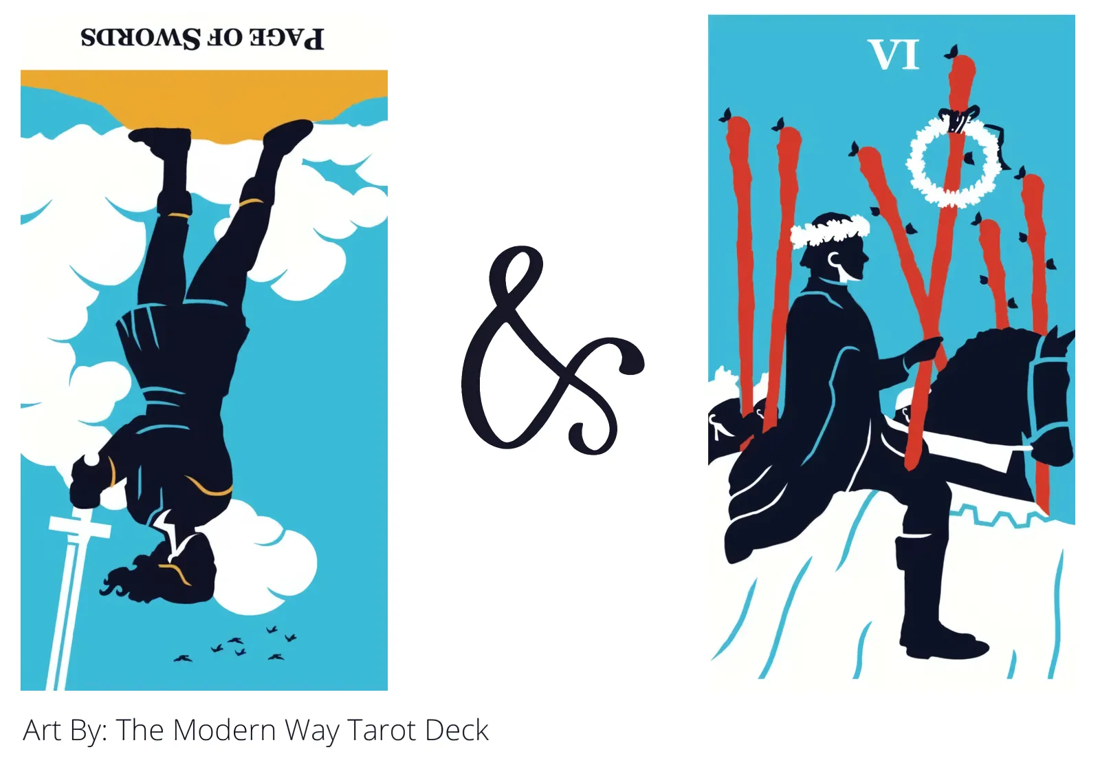 page of swords reversed and six of wands tarot cards together
