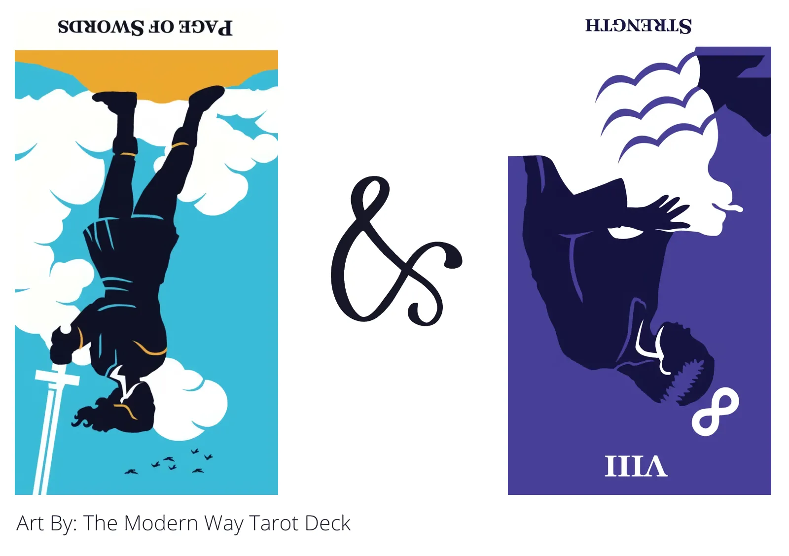 page of swords reversed and strength reversed tarot cards together