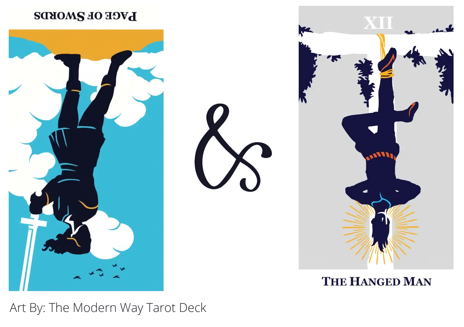 page of swords reversed and the hanged man tarot cards together