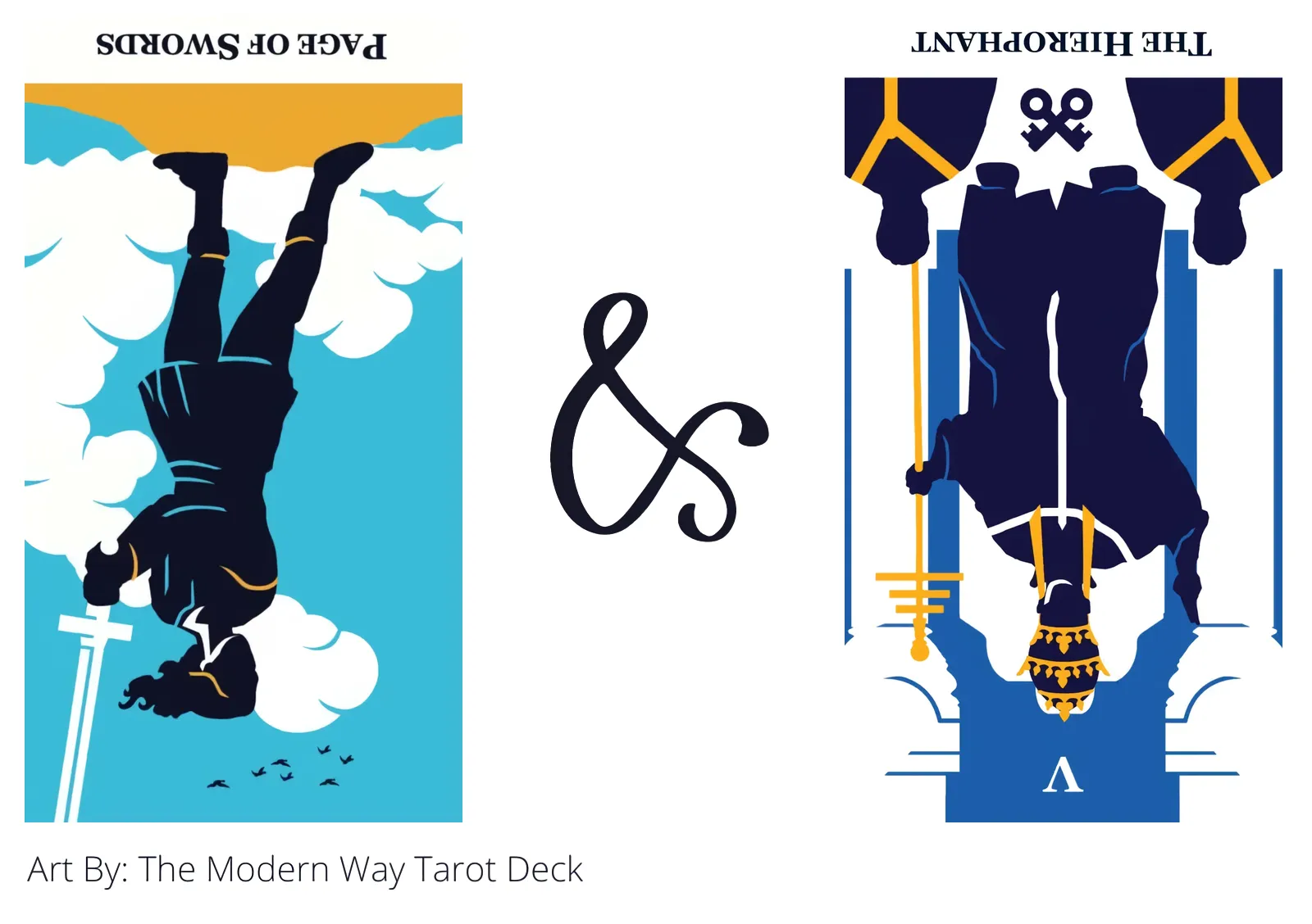 page of swords reversed and the hierophant reversed tarot cards together