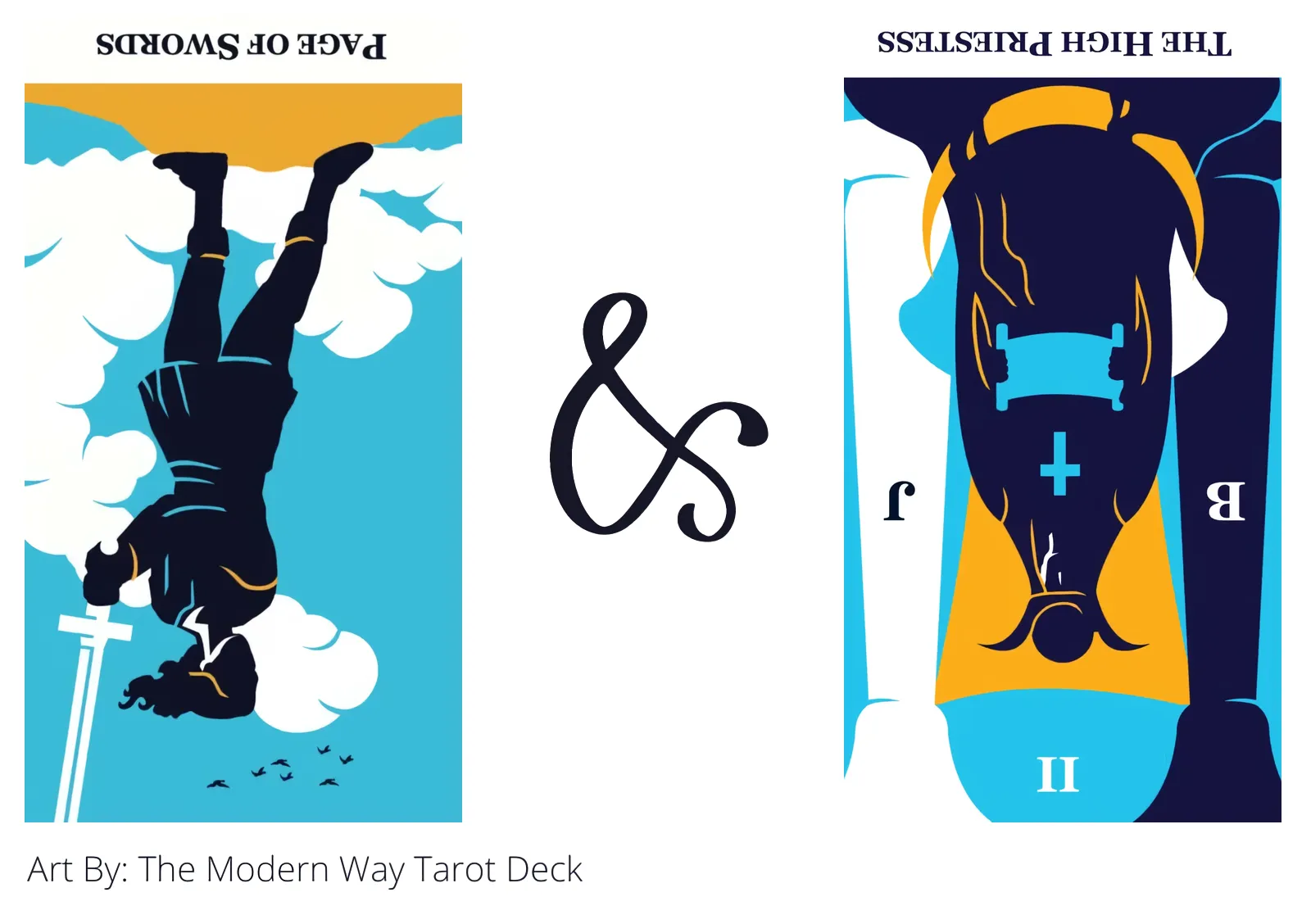 page of swords reversed and the high priestess reversed tarot cards together