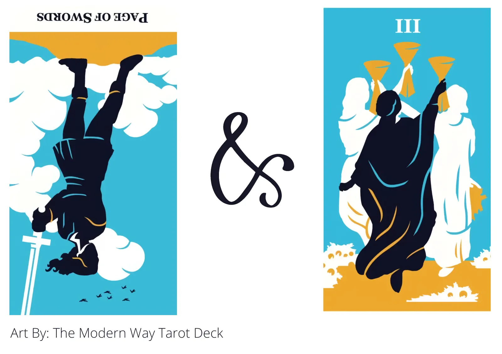 page of swords reversed and three of cups tarot cards together