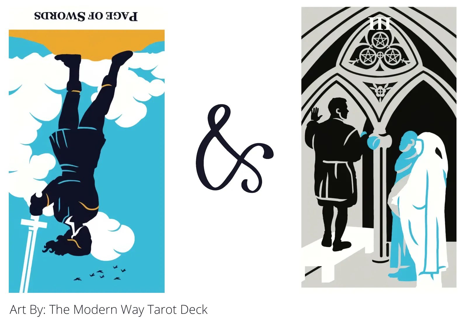 page of swords reversed and three of pentacles tarot cards together