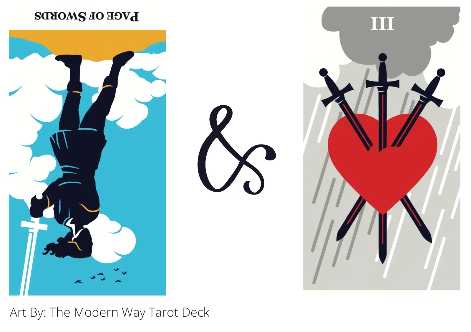 page of swords reversed and three of swords tarot cards together