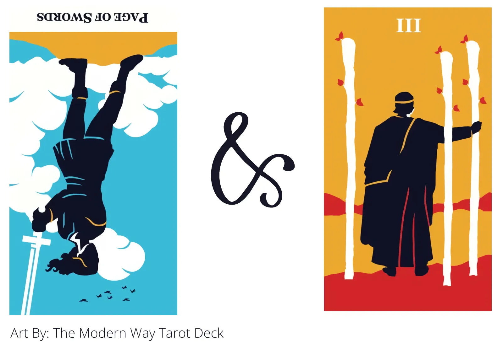 page of swords reversed and three of wands tarot cards together