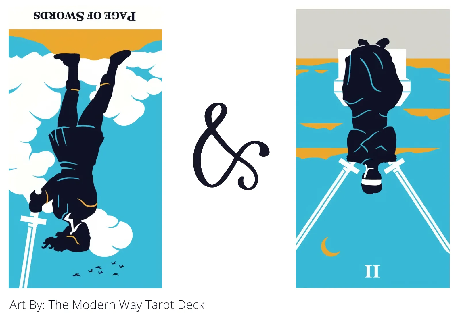 page of swords reversed and two of swords reversed tarot cards together