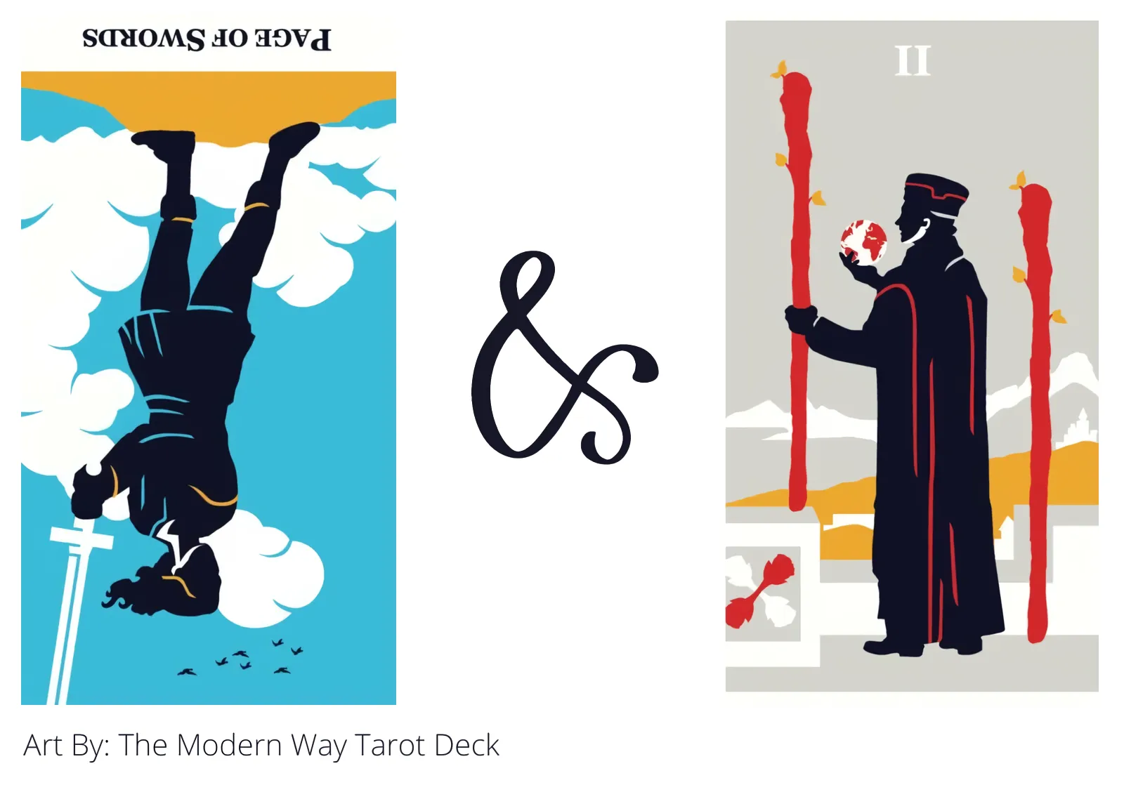 page of swords reversed and two of wands tarot cards together