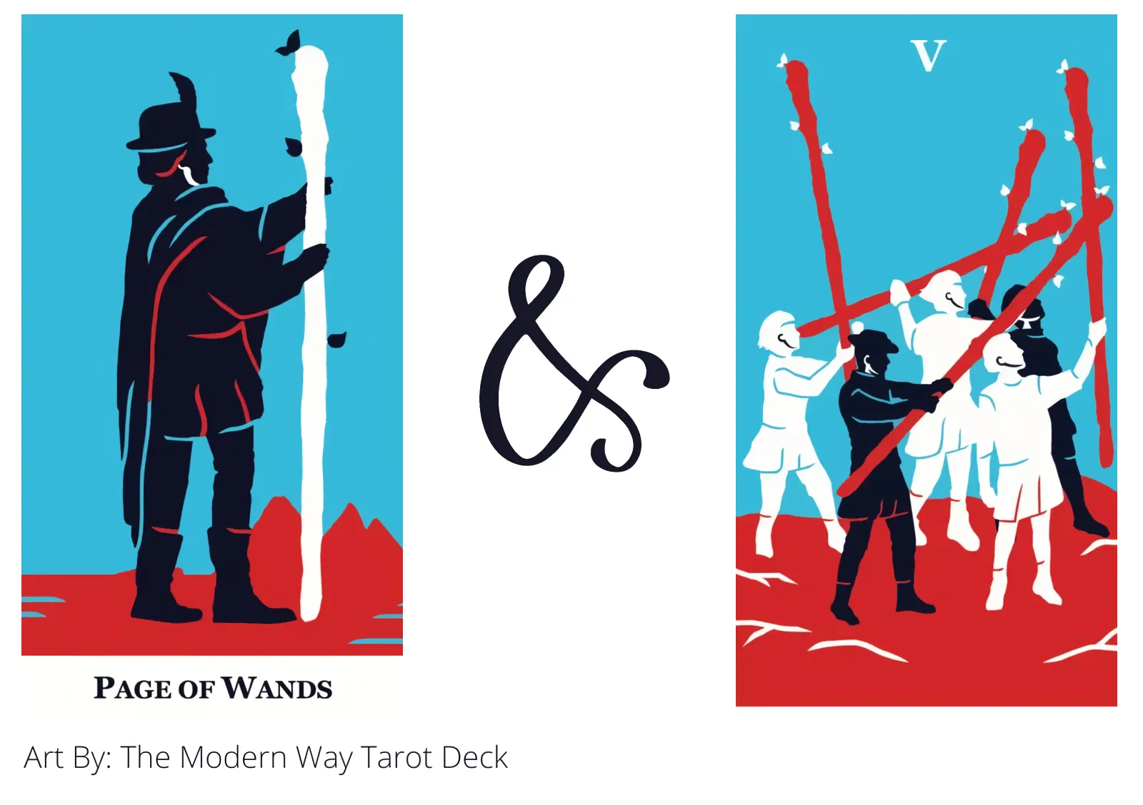 page of wands and five of wands tarot cards together