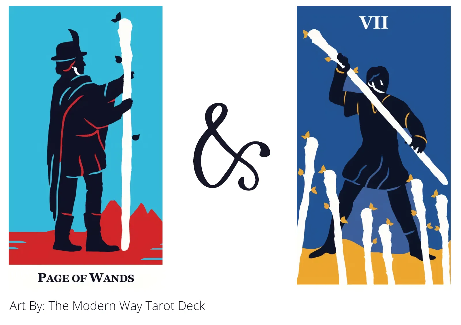 page of wands and seven of wands tarot cards together