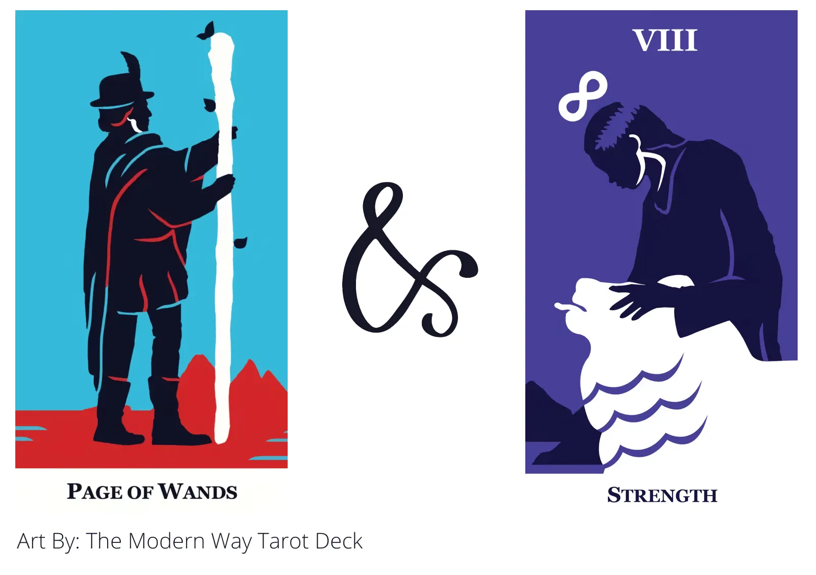 page of wands and strength tarot cards together