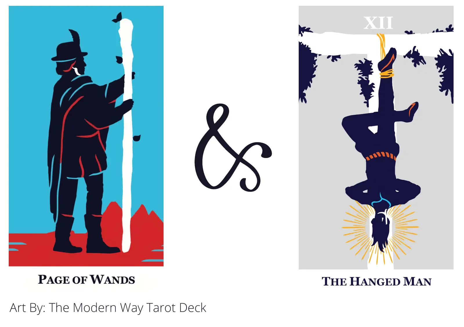 page of wands and the hanged man tarot cards together