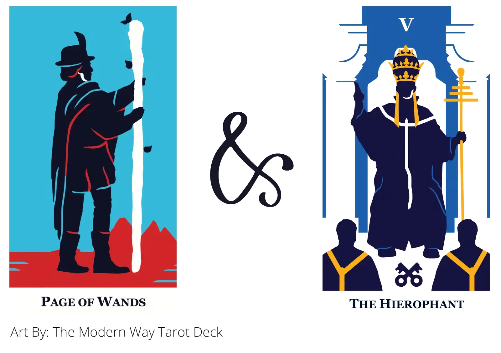 page of wands and the hierophant tarot cards together