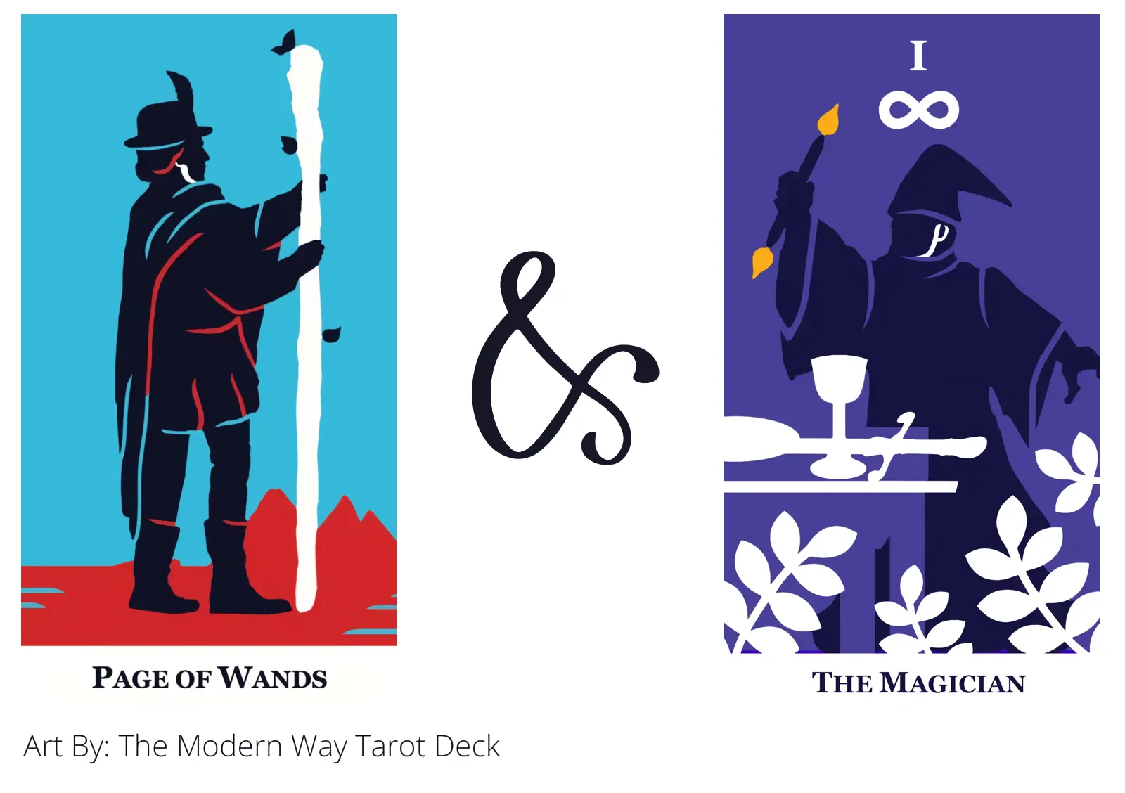 page of wands and the magician tarot cards together