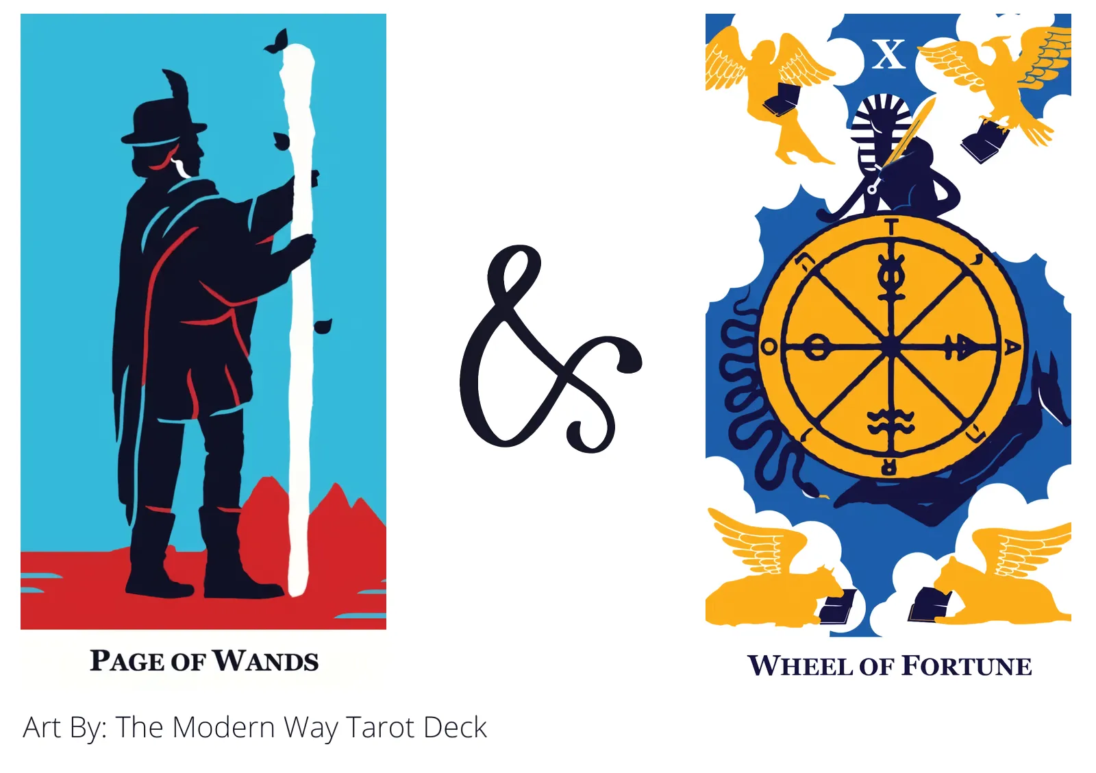 page of wands and wheel of fortune tarot cards together