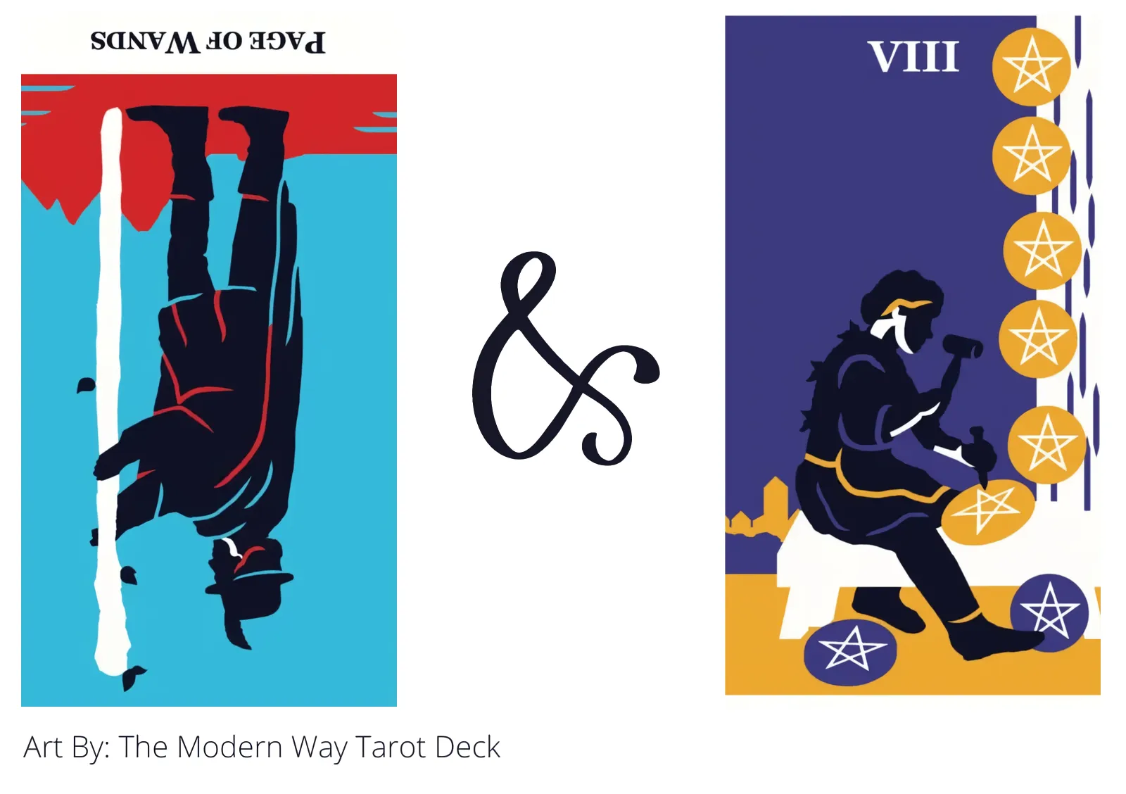 page of wands reversed and eight of pentacles tarot cards together