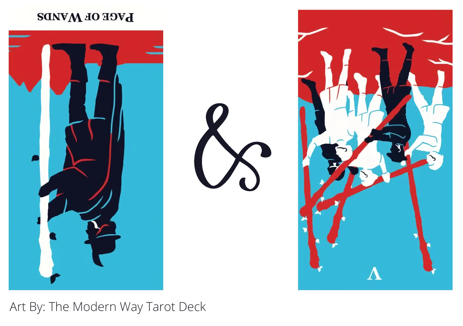 page of wands reversed and five of wands reversed tarot cards together