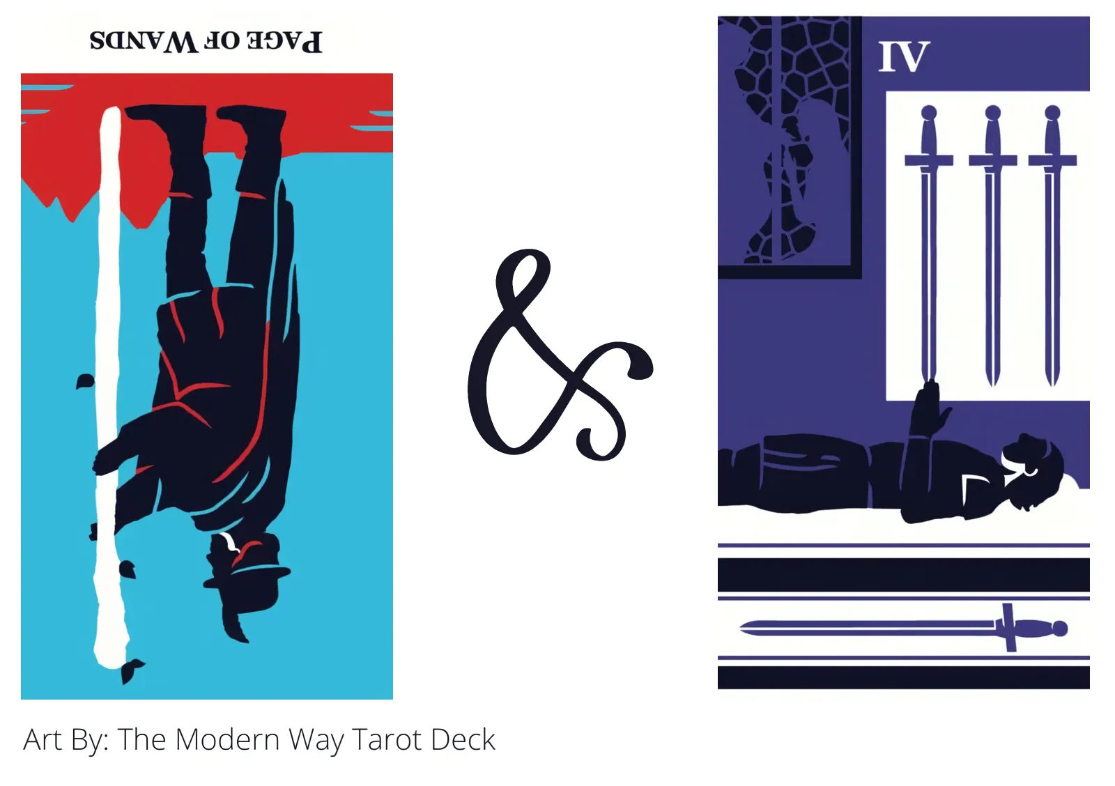 page of wands reversed and four of swords tarot cards together