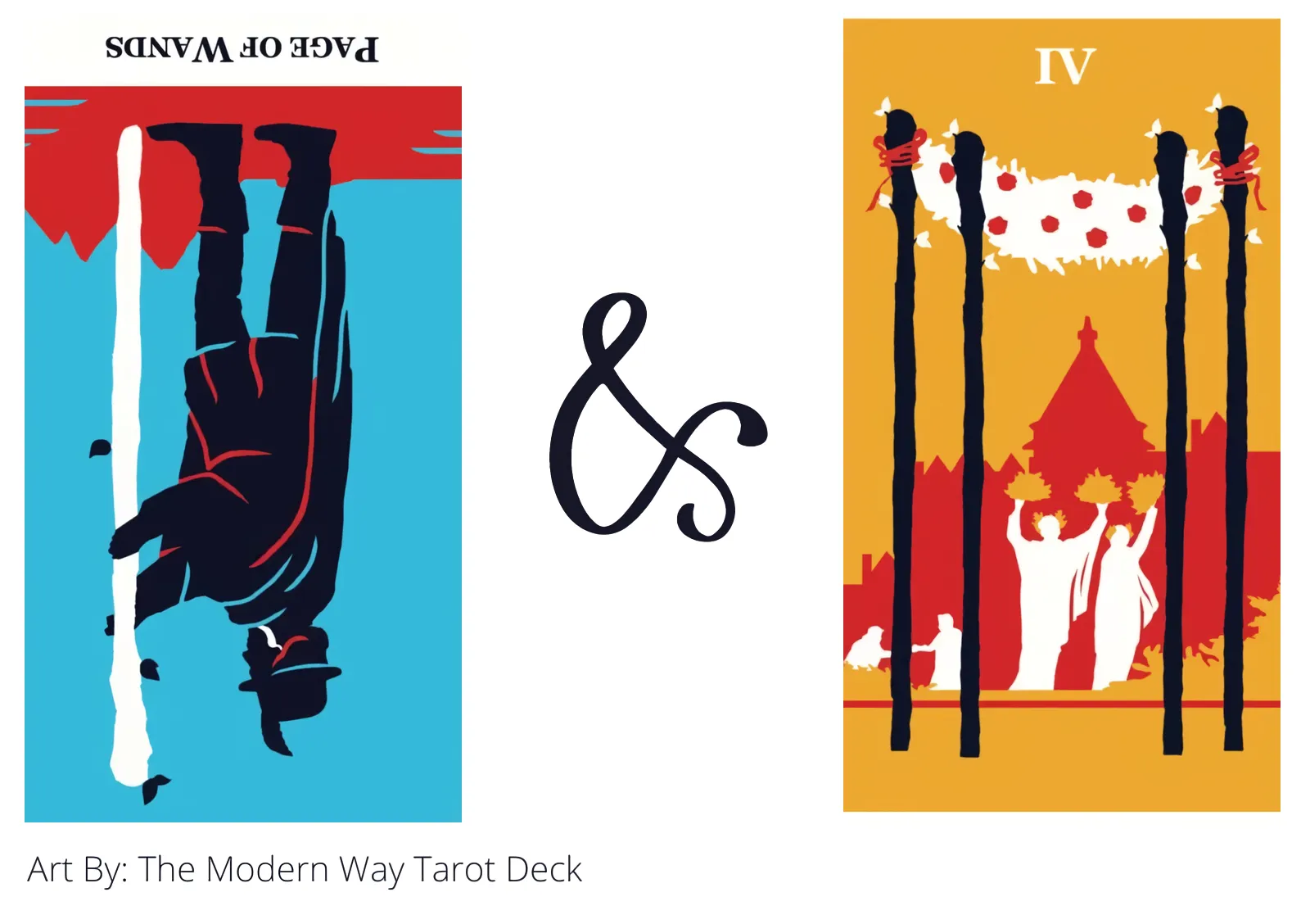 page of wands reversed and four of wands tarot cards together