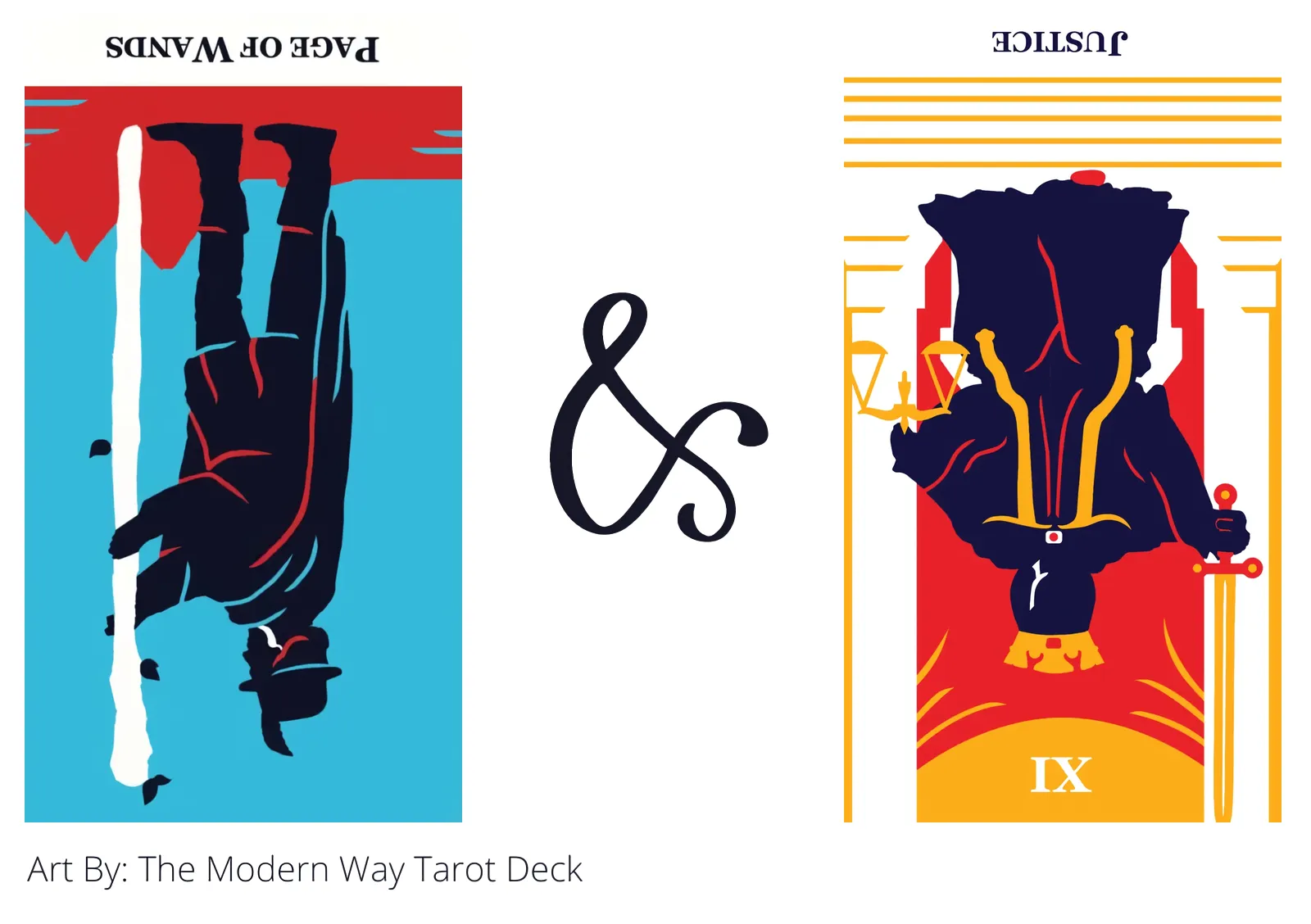 page of wands reversed and justice reversed tarot cards together