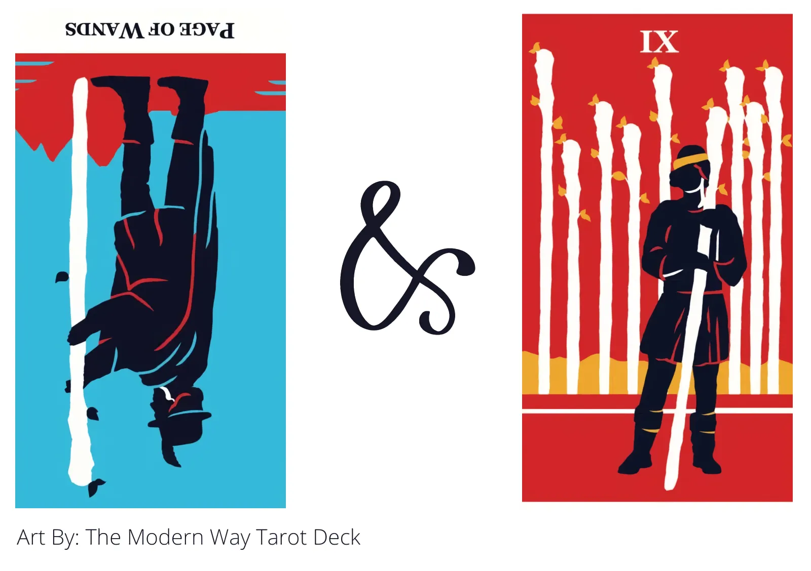 page of wands reversed and nine of wands tarot cards together