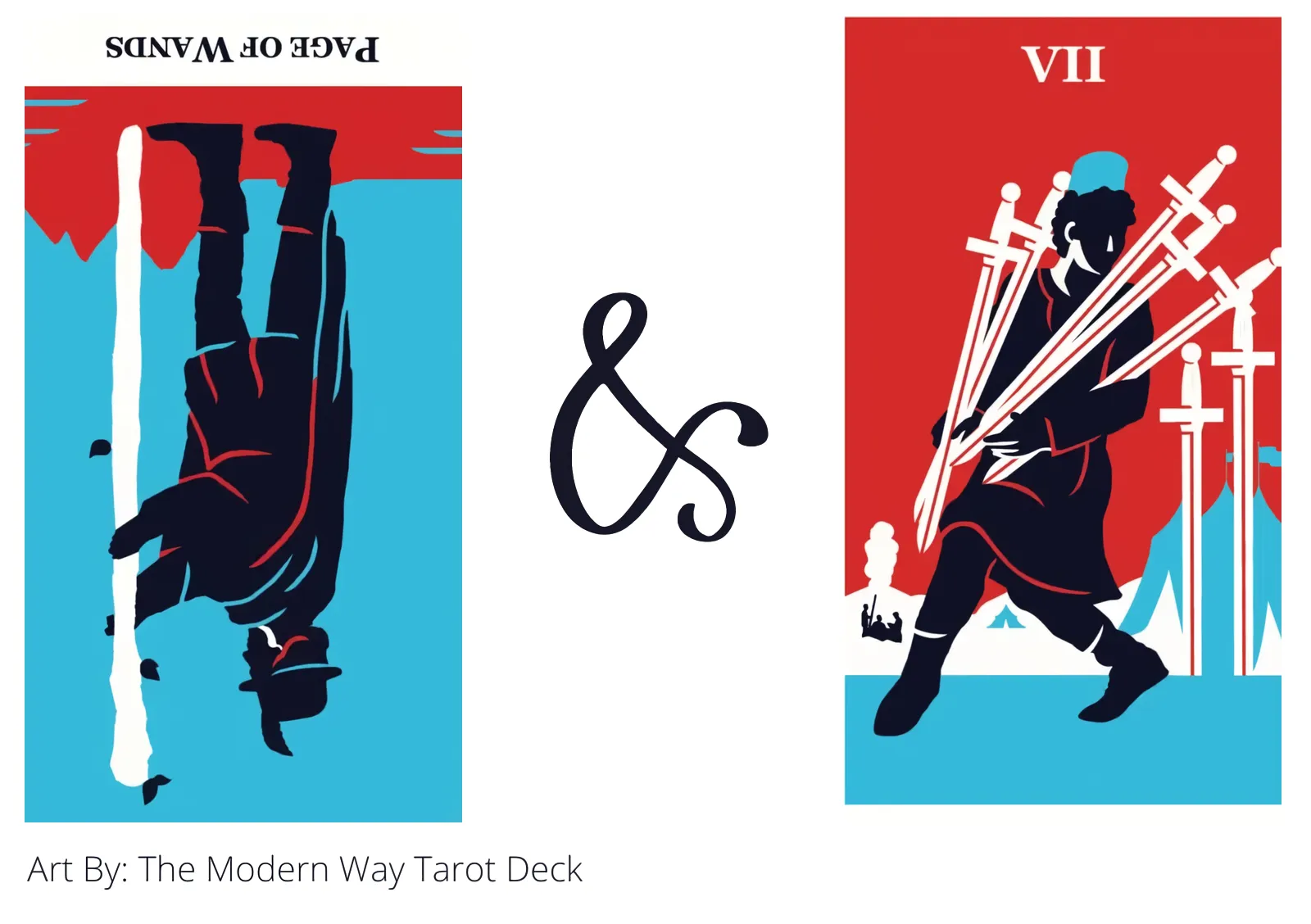 page of wands reversed and seven of swords tarot cards together