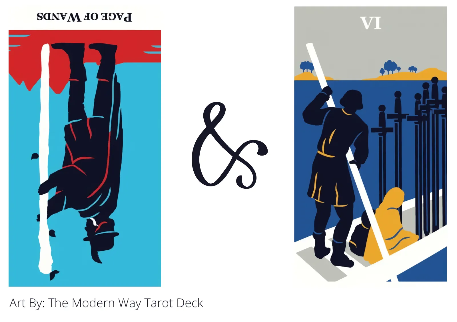 page of wands reversed and six of swords tarot cards together