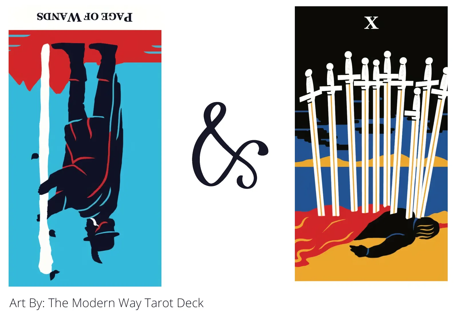 page of wands reversed and ten of swords tarot cards together