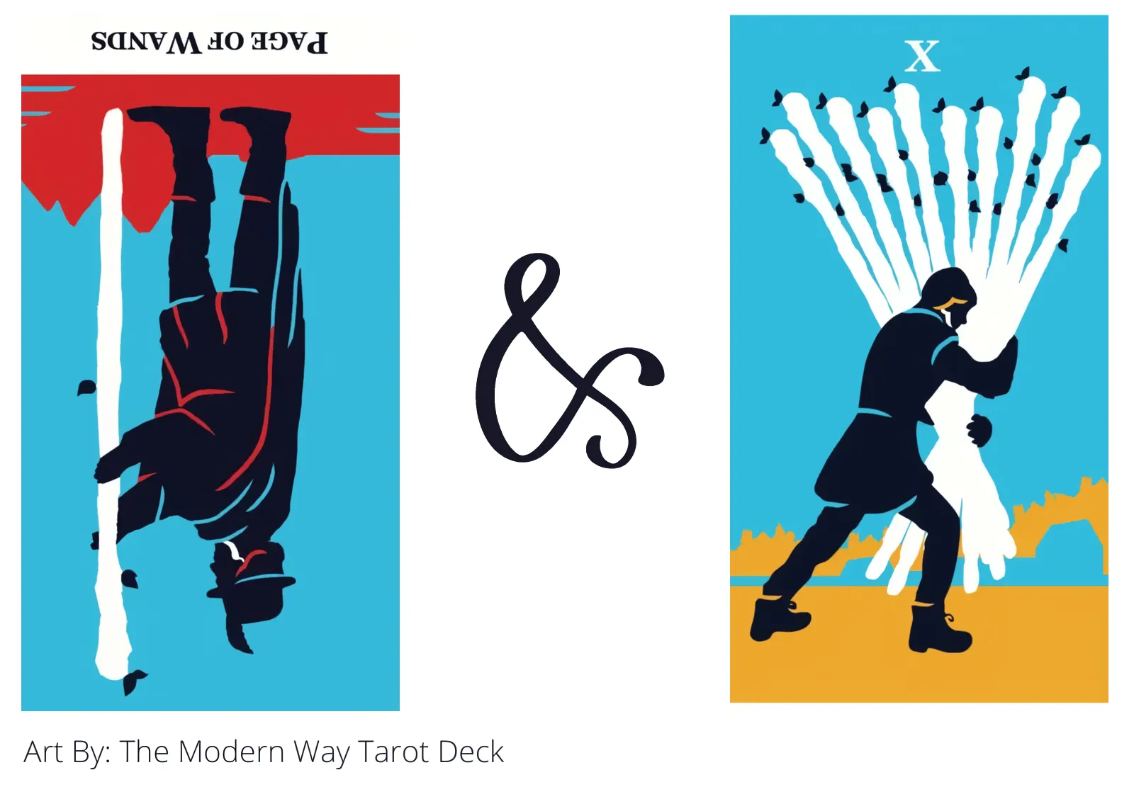 page of wands reversed and ten of wands tarot cards together