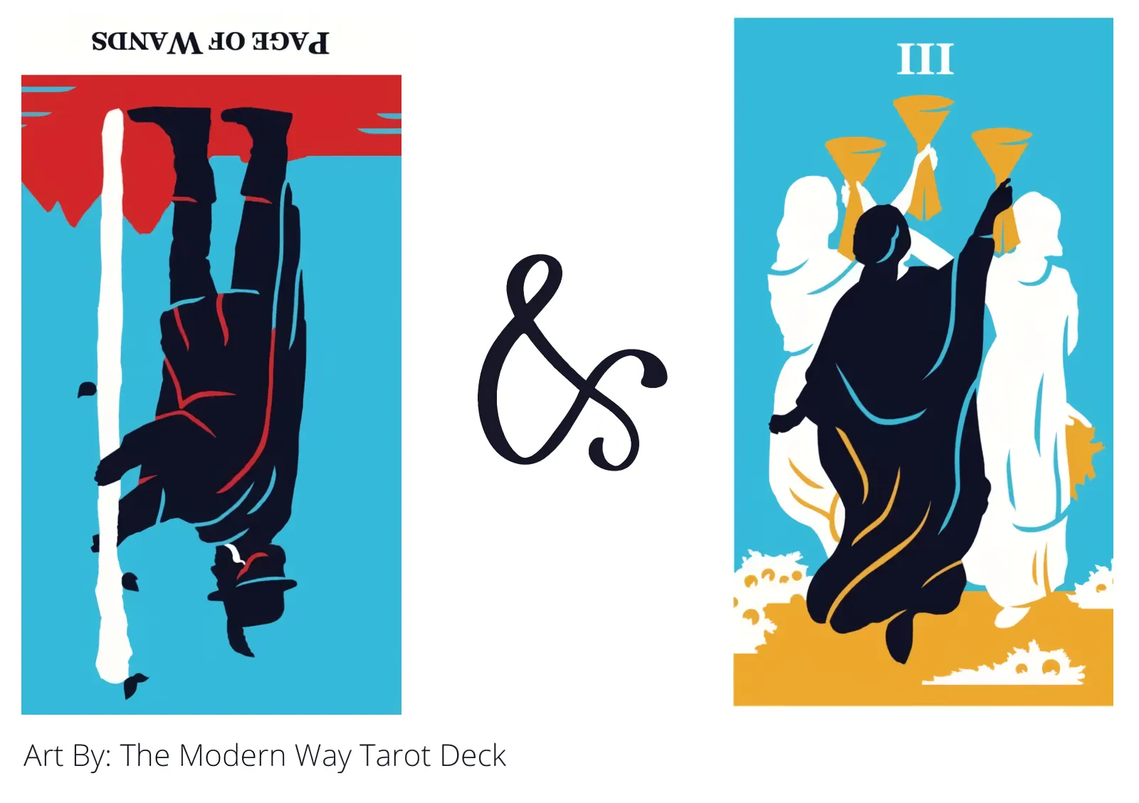 page of wands reversed and three of cups tarot cards together