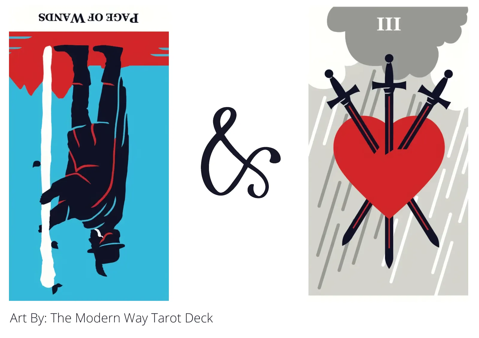 page of wands reversed and three of swords tarot cards together