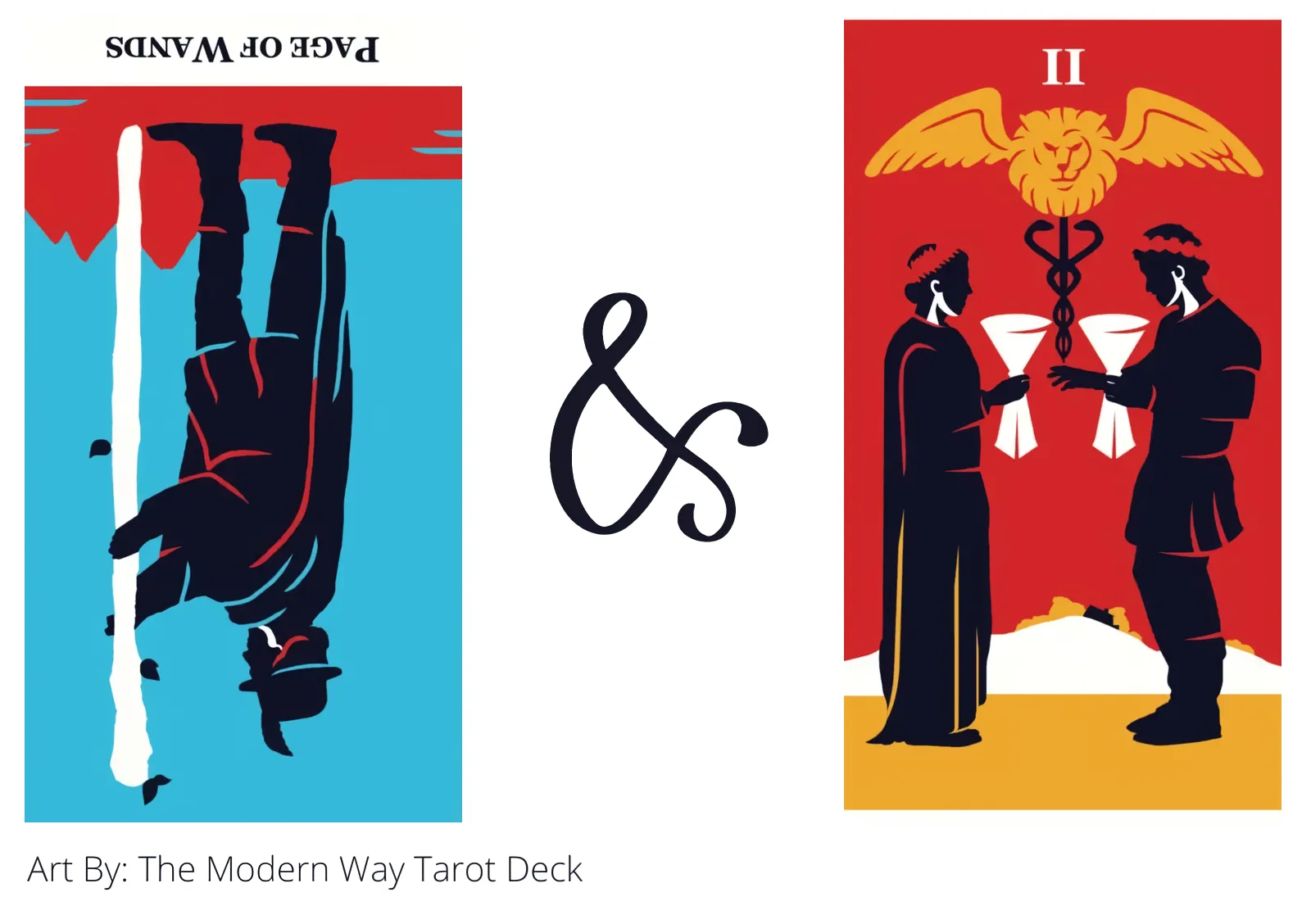 page of wands reversed and two of cups tarot cards together